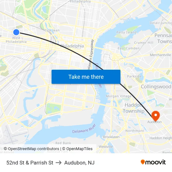 52nd St & Parrish St to Audubon, NJ map