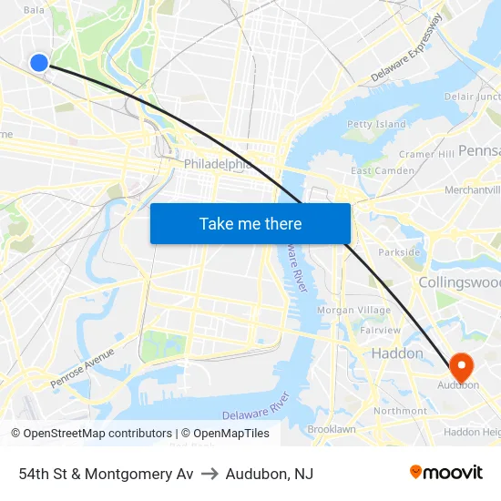 54th St & Montgomery Av to Audubon, NJ map