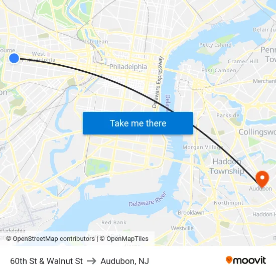 60th St & Walnut St to Audubon, NJ map