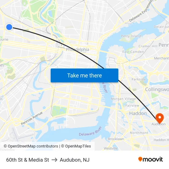 60th St & Media St to Audubon, NJ map