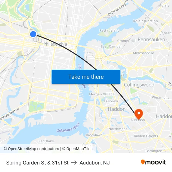 Spring Garden St & 31st St to Audubon, NJ map