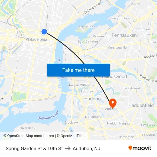 Spring Garden St & 10th St to Audubon, NJ map