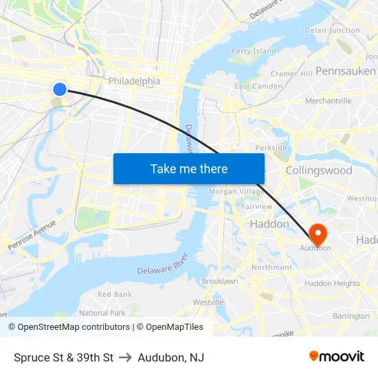 Spruce St & 39th St to Audubon, NJ map