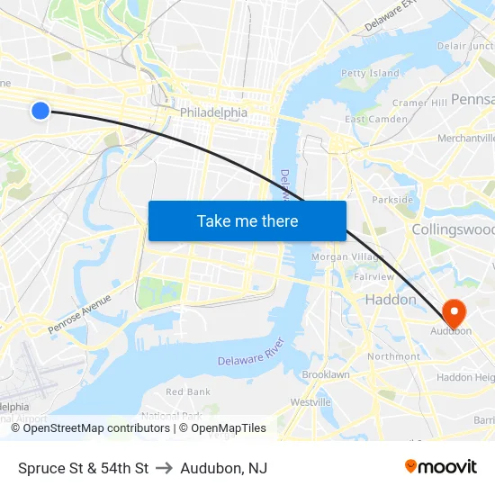 Spruce St & 54th St to Audubon, NJ map