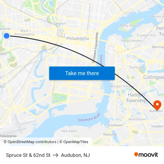 Spruce St & 62nd St to Audubon, NJ map