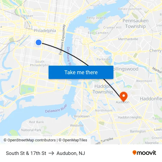 South St & 17th St to Audubon, NJ map