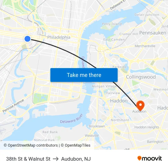 38th St & Walnut St to Audubon, NJ map