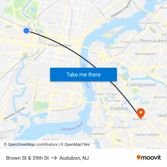 Brown St & 39th St to Audubon, NJ map
