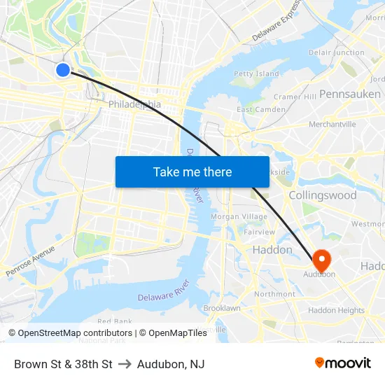 Brown St & 38th St to Audubon, NJ map