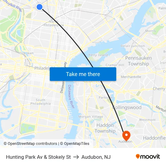 Hunting Park Av & Stokely St to Audubon, NJ map