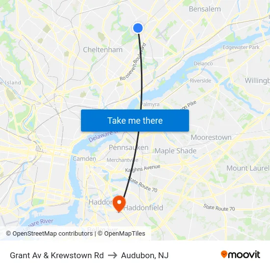 Grant Av & Krewstown Rd to Audubon, NJ map