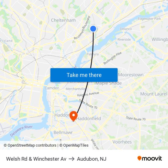 Welsh Rd & Winchester Av to Audubon, NJ map