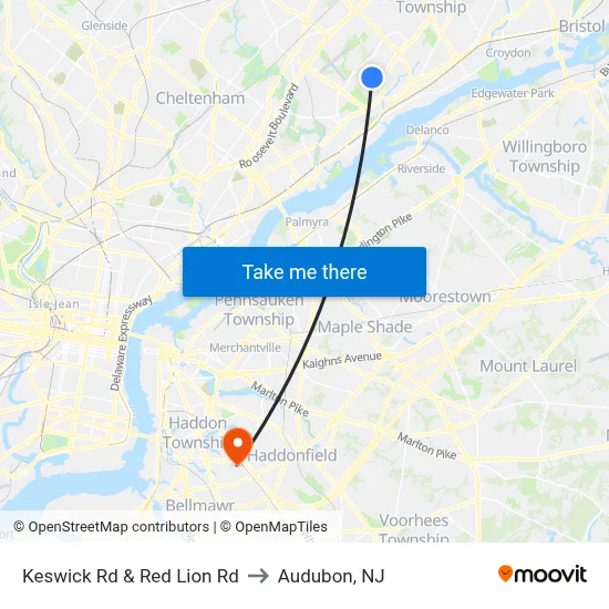 Keswick Rd & Red Lion Rd to Audubon, NJ map