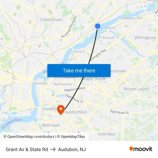 Grant Av & State Rd to Audubon, NJ map