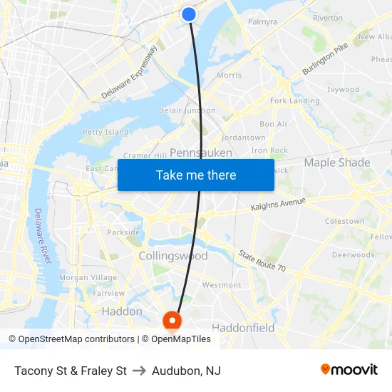 Tacony St & Fraley St to Audubon, NJ map