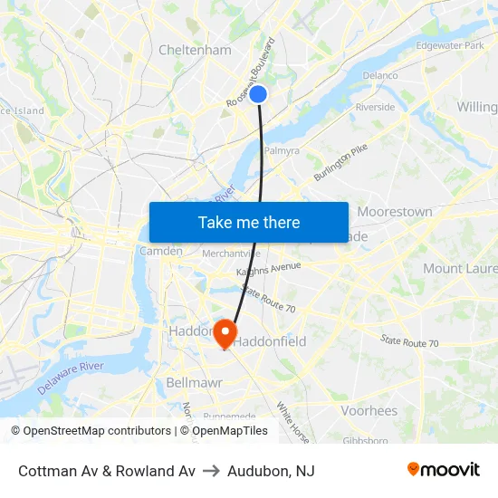 Cottman Av & Rowland Av to Audubon, NJ map