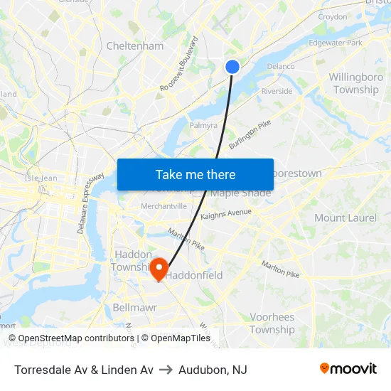 Torresdale Av & Linden Av to Audubon, NJ map
