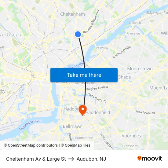 Cheltenham Av & Large St to Audubon, NJ map