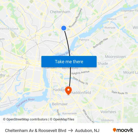 Cheltenham Av & Roosevelt Blvd to Audubon, NJ map
