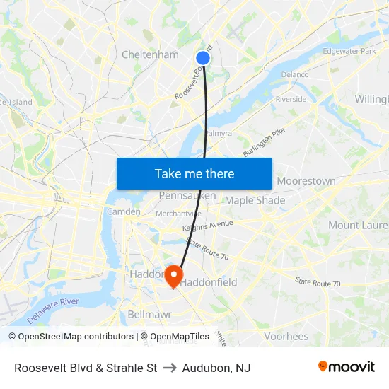 Roosevelt Blvd & Strahle St to Audubon, NJ map