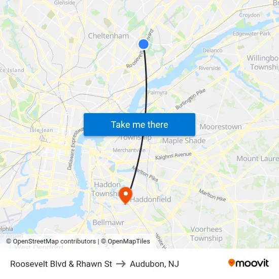 Roosevelt Blvd & Rhawn St to Audubon, NJ map