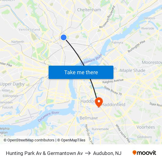 Hunting Park Av & Germantown Av to Audubon, NJ map