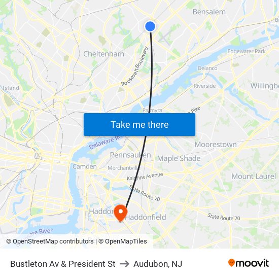Bustleton Av & President St to Audubon, NJ map