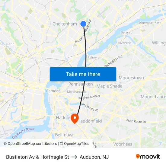 Bustleton Av & Hoffnagle St to Audubon, NJ map
