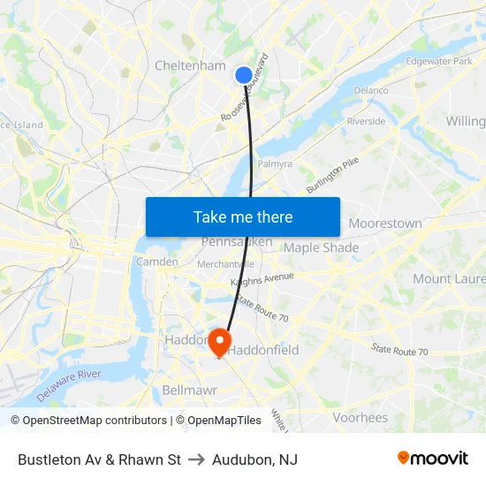 Bustleton Av & Rhawn St to Audubon, NJ map