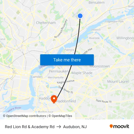 Red Lion Rd & Academy Rd to Audubon, NJ map