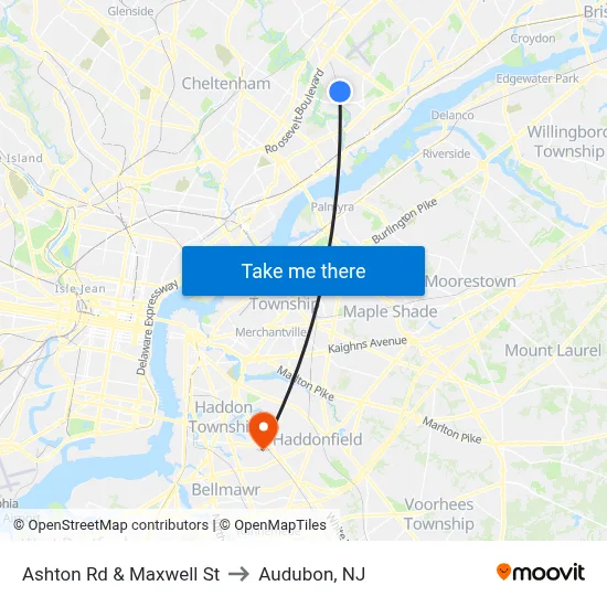 Ashton Rd & Maxwell St to Audubon, NJ map