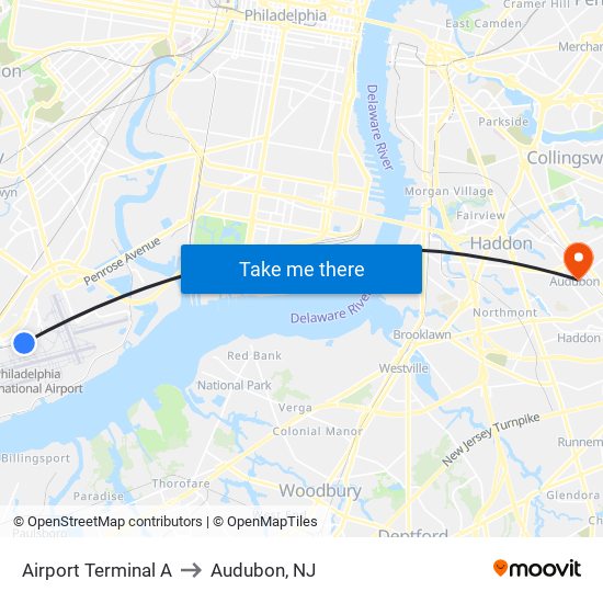 Airport Terminal A to Audubon, NJ map