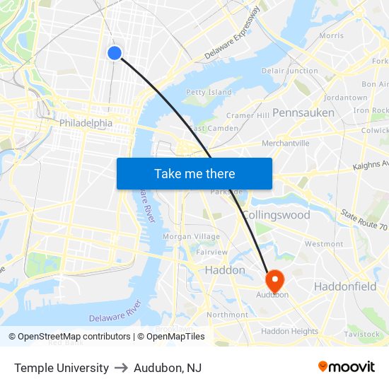 Temple University to Audubon, NJ map
