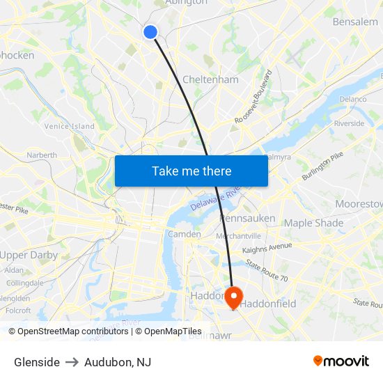 Glenside to Audubon, NJ map