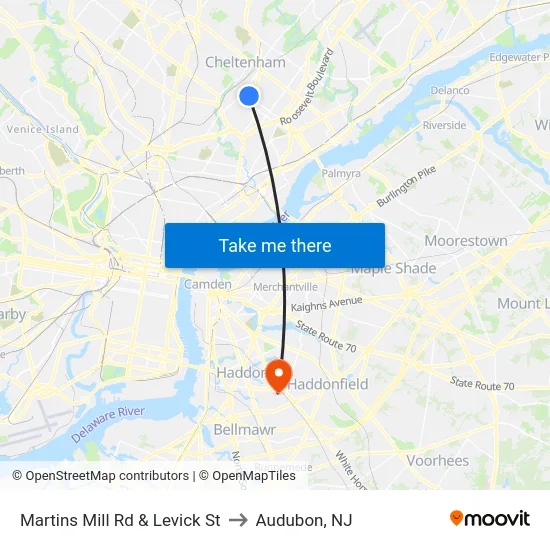 Martins Mill Rd & Levick St to Audubon, NJ map