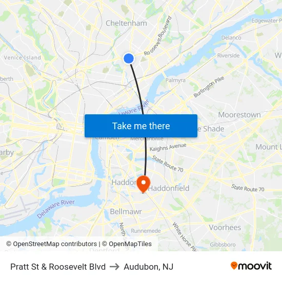Pratt St & Roosevelt Blvd to Audubon, NJ map