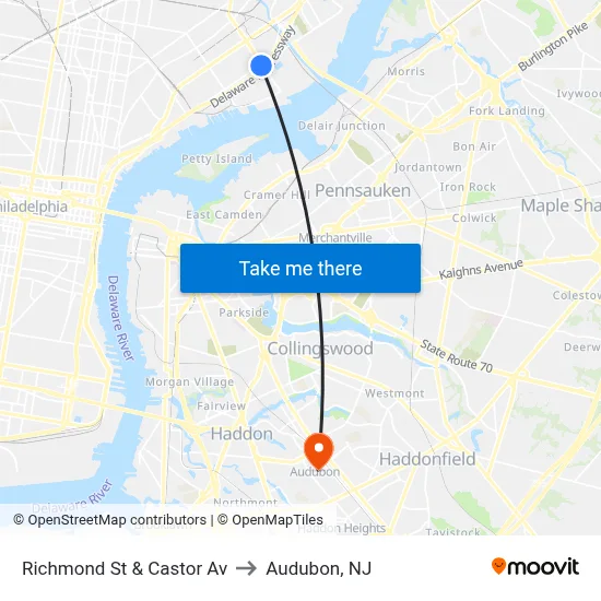 Richmond St & Castor Av to Audubon, NJ map