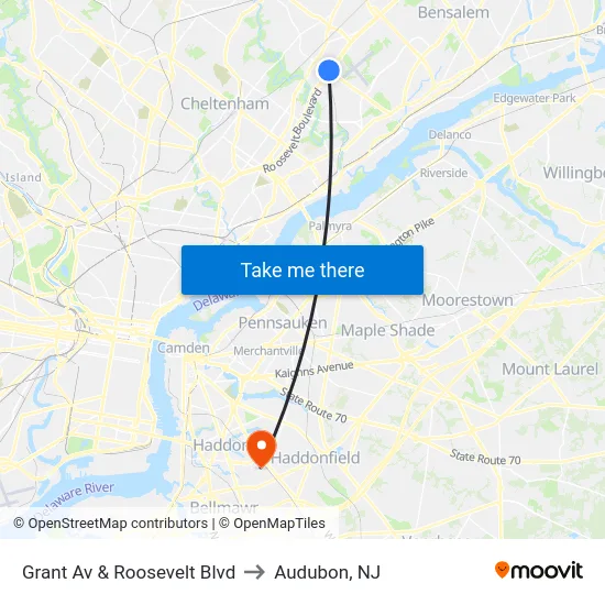 Grant Av & Roosevelt Blvd to Audubon, NJ map