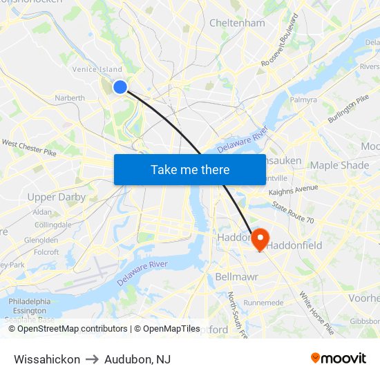 Wissahickon to Audubon, NJ map