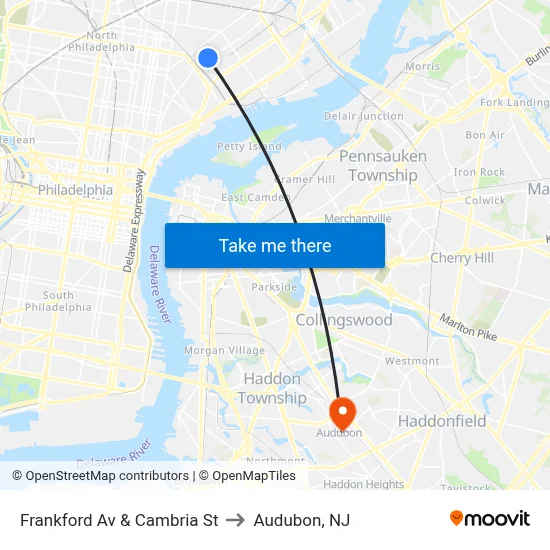 Frankford Av & Cambria St to Audubon, NJ map