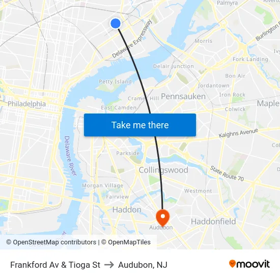 Frankford Av & Tioga St to Audubon, NJ map