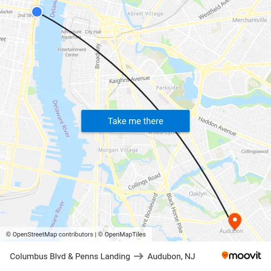 Columbus Blvd & Penns Landing to Audubon, NJ map