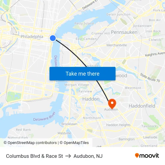 Columbus Blvd & Race St to Audubon, NJ map