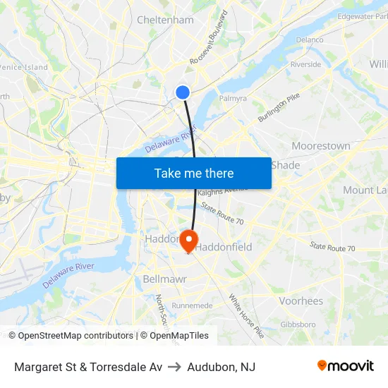 Margaret St & Torresdale Av to Audubon, NJ map