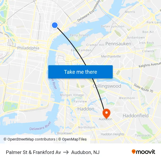 Palmer St & Frankford Av to Audubon, NJ map