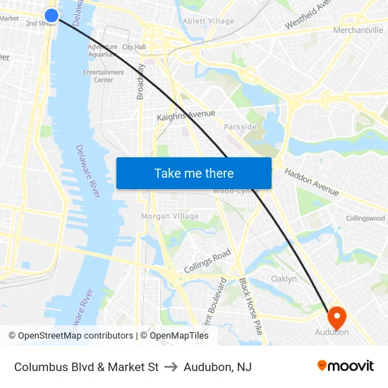 Columbus Blvd & Market St to Audubon, NJ map