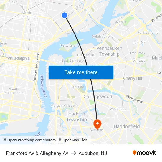 Frankford Av & Allegheny Av to Audubon, NJ map