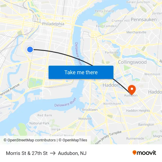 Morris St & 27th St to Audubon, NJ map