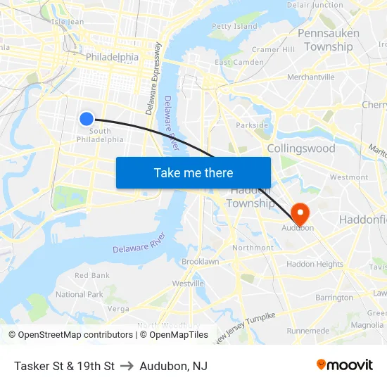 Tasker St & 19th St to Audubon, NJ map