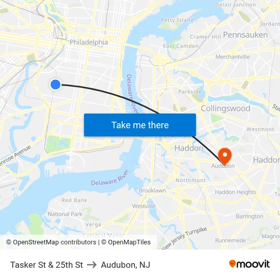Tasker St & 25th St to Audubon, NJ map